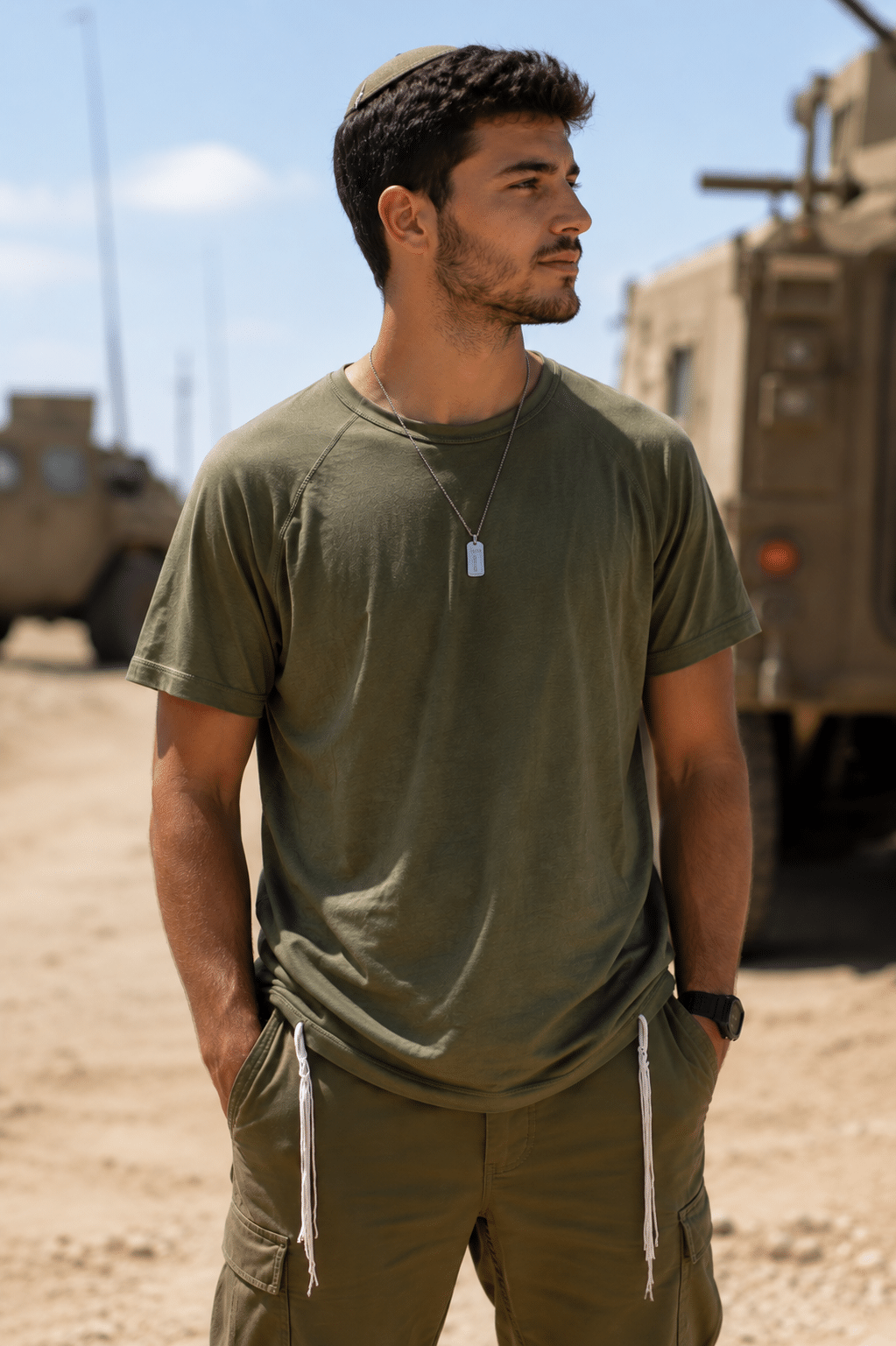 1005 - ופיית ציצית כשרה למהדרין, 100% בד דרייפייט  Dry-Fit, צבע ירוק זית